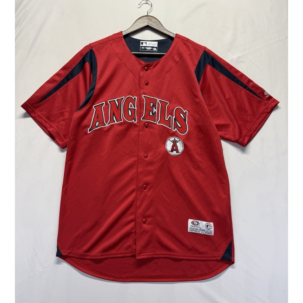 MLB Los Angeles Anges Baseball Jersey Mens Medium Red Button Front True Fan
